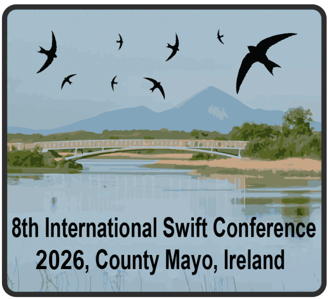 8th International Swift Conference 2026, County Mayo Ireland Logo with Lough Lannagh and bridge in foreground and Croagh Patrick in the background and swift images flying in the sky.